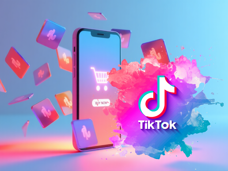 Illustration eines Smartphones mit einer Online-Shop-Oberfläche und einem Einkaufswagen-Symbol, das die neue Social-Commerce-Funktion in TikTok Shop Deutschland visualisiert.